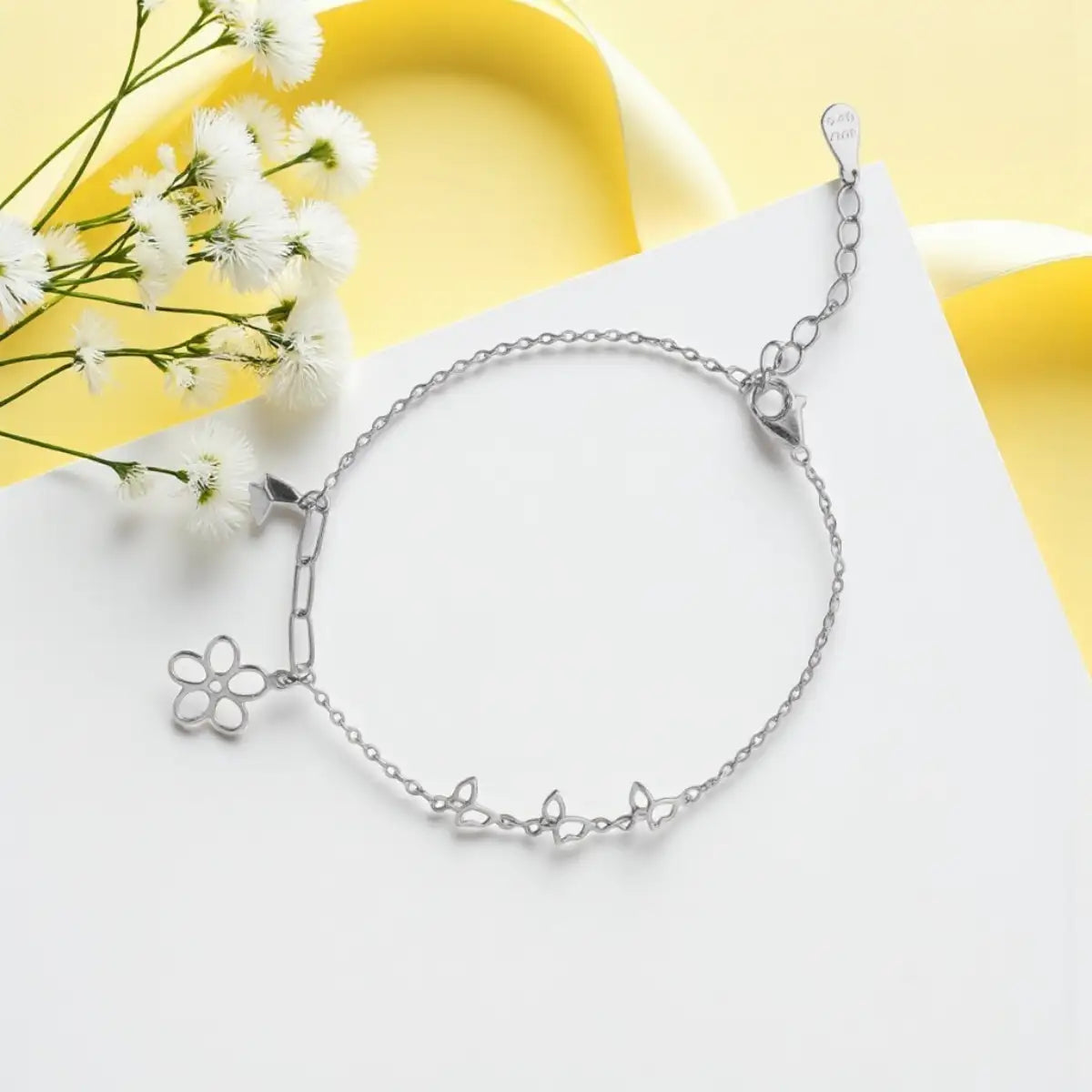 Silver Flower & Butterfly Charm Minimalist Bracelet