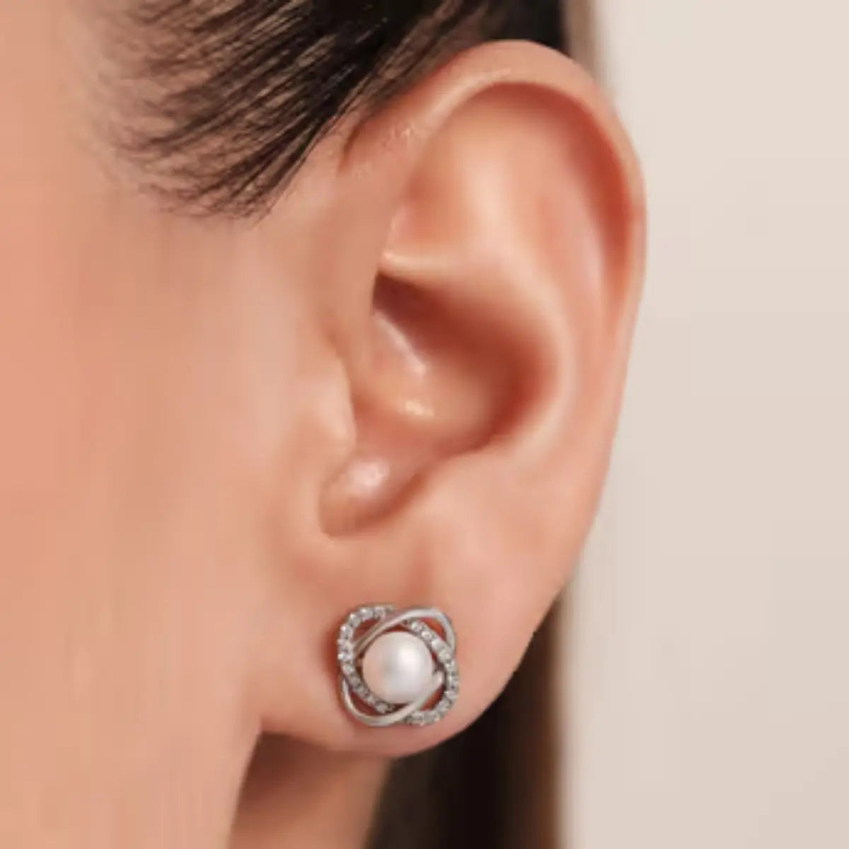 Silver Diamond & Pearl Stud Earrings for Women