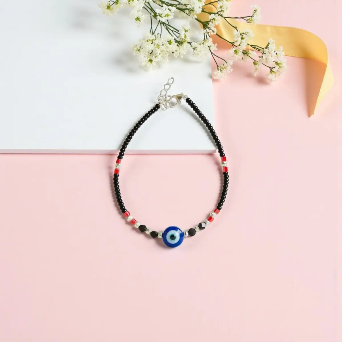 Silver Evil Eye Adjustable Beaded Bracelet