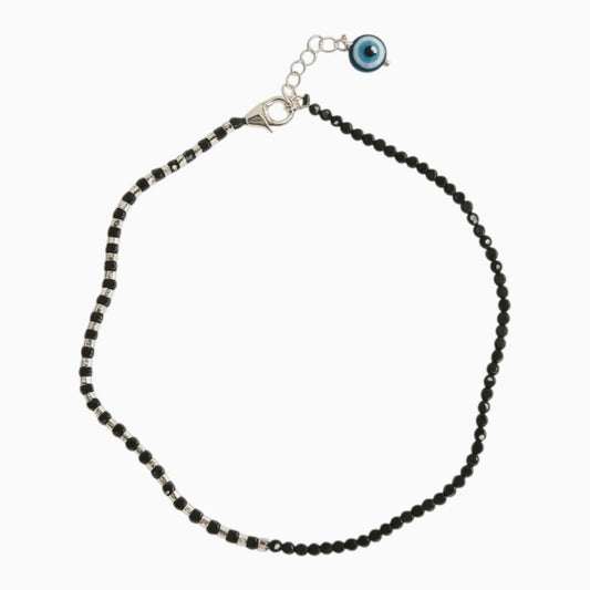 Black Beaded Adjustable Silver Anklet with Evil Eye