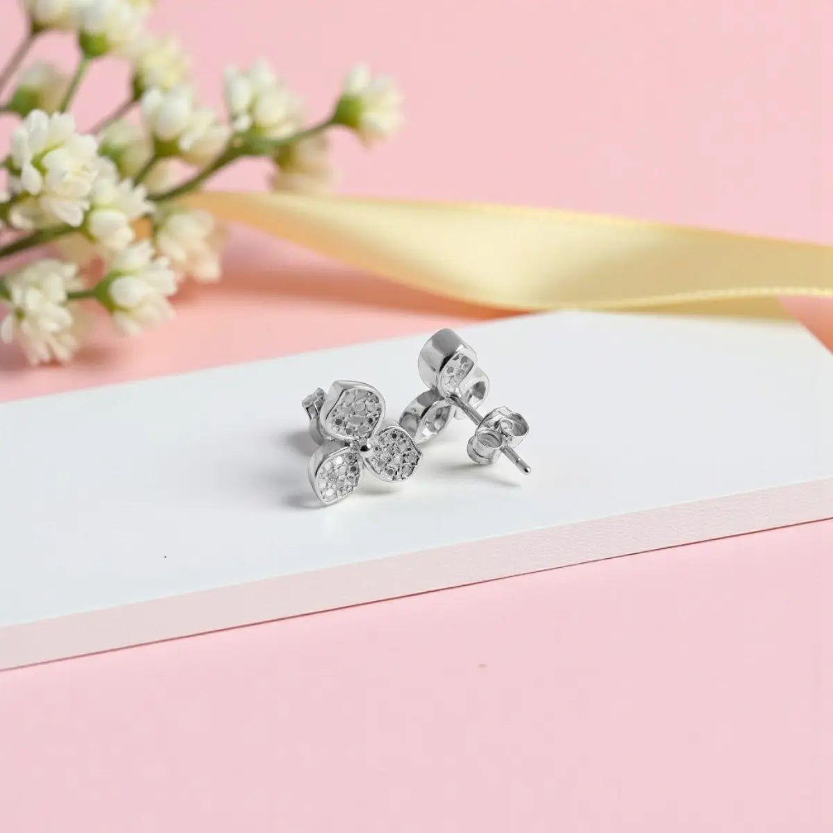 Silver Sparkling Floral Stud Earrings