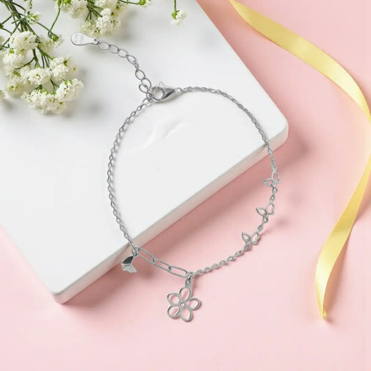 Silver Flower & Butterfly Charm Minimalist Bracelet