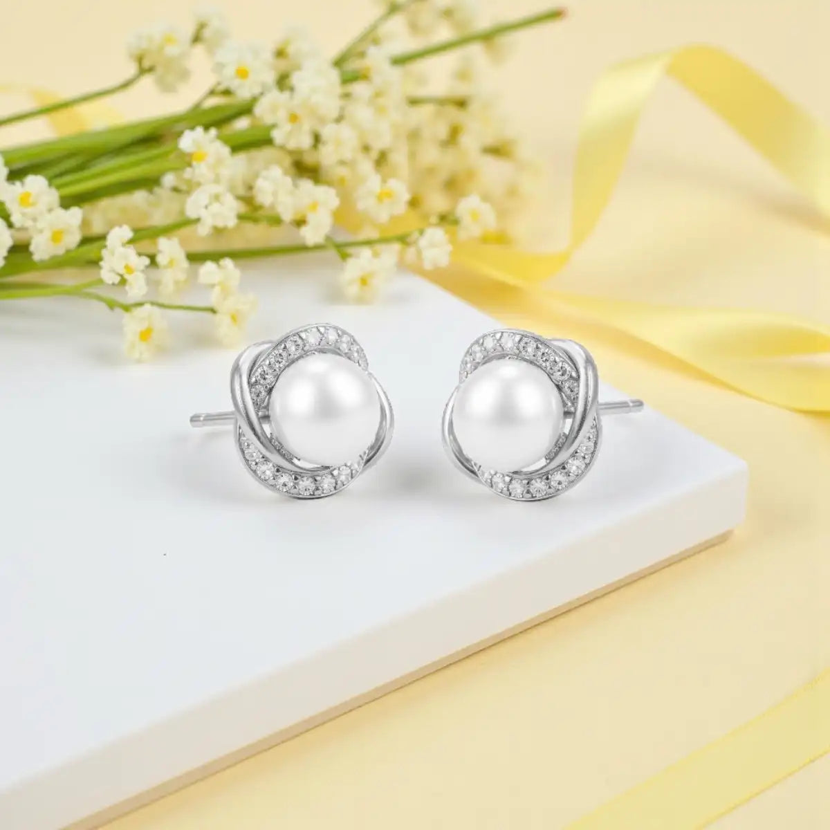 Silver Diamond & Pearl Stud Earrings for Women
