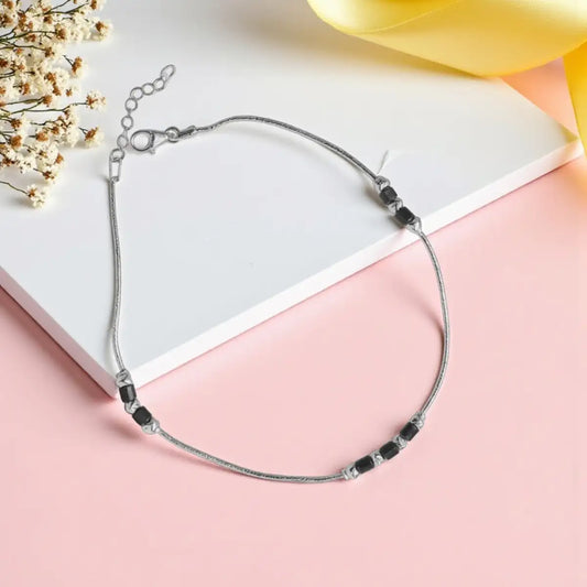 Silver Adjustable Minimalist Anklet with Black Beads