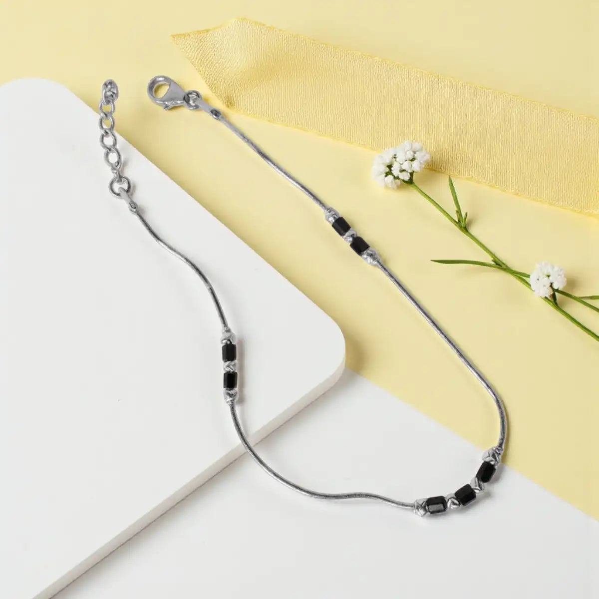 Silver Adjustable Minimalist Anklet with Black Beads