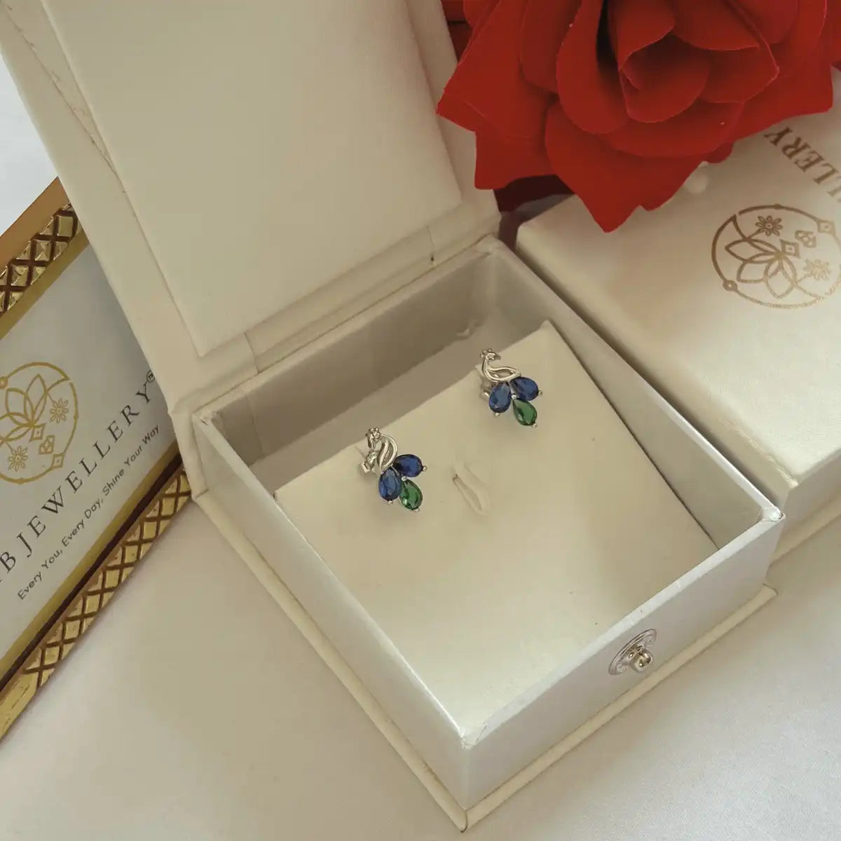 Silver Peacock Inspired Sapphire & Emerald Earrings