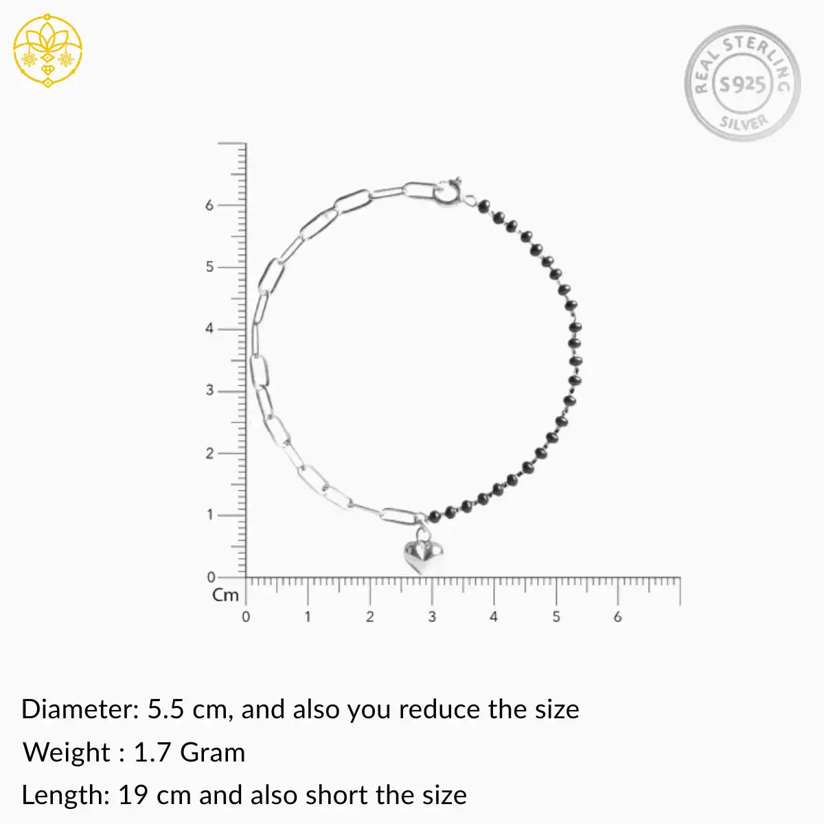 Silver Heart Charm Links Bracelet with Black Beads