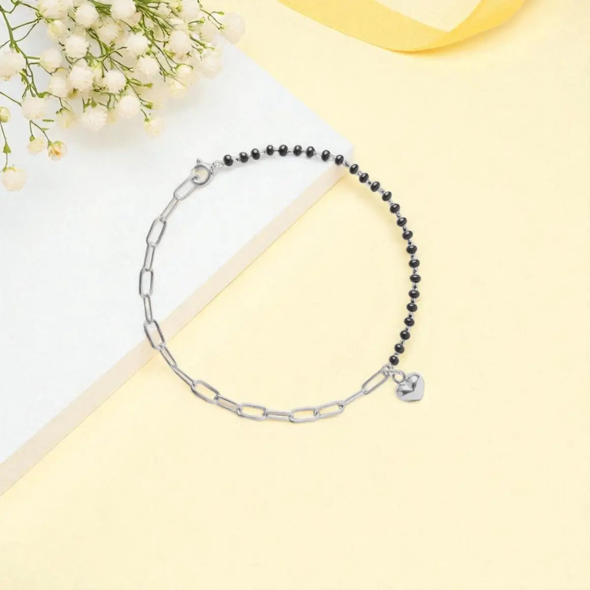 Silver Heart Charm Links Bracelet with Black Beads