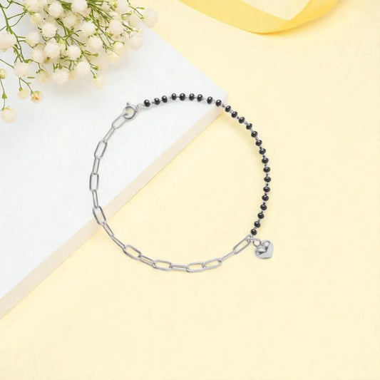 Silver Heart Charm Links Bracelet with Black Beads