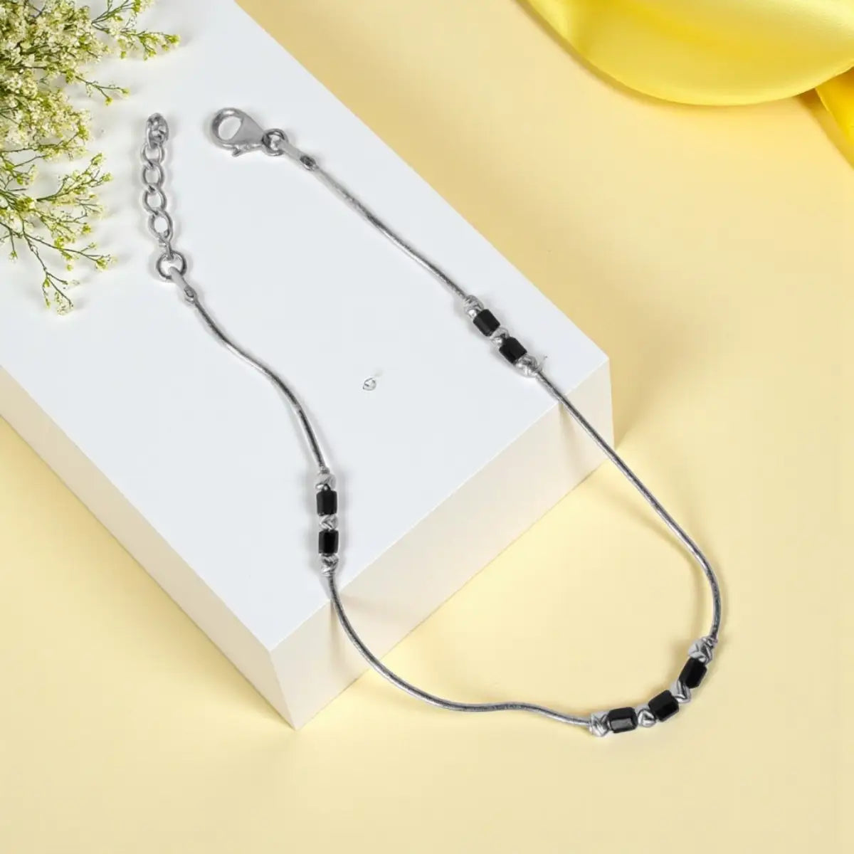 Silver Adjustable Minimalist Anklet with Black Beads