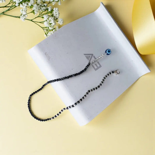 Black Beaded Adjustable Silver Anklet with Evil Eye