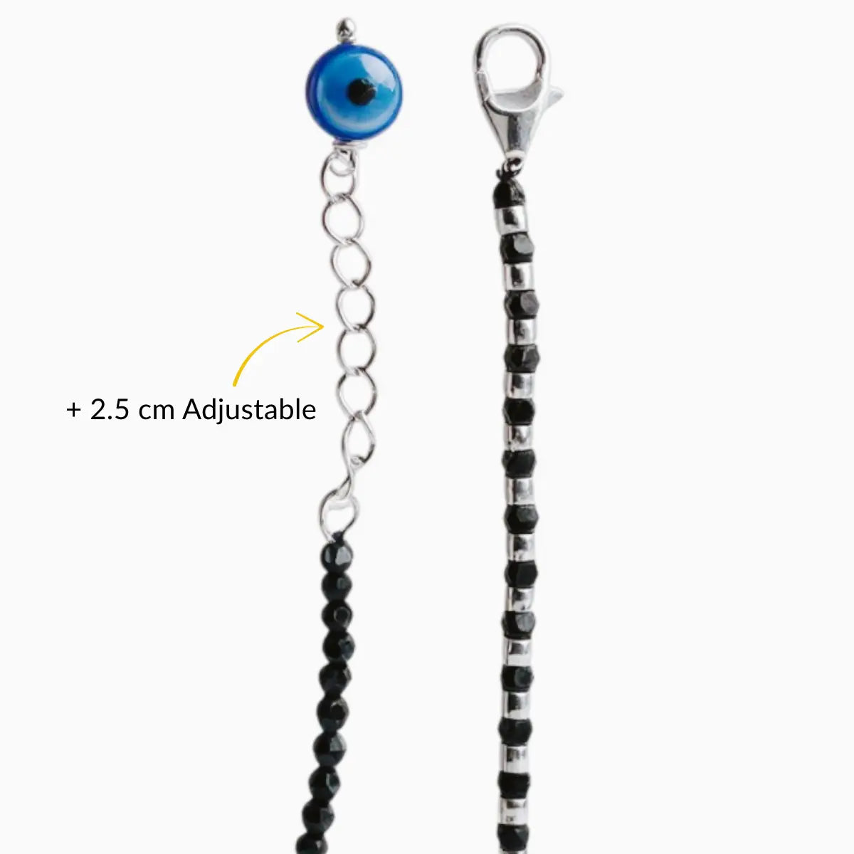 Black Beaded Adjustable Silver Anklet with Evil Eye