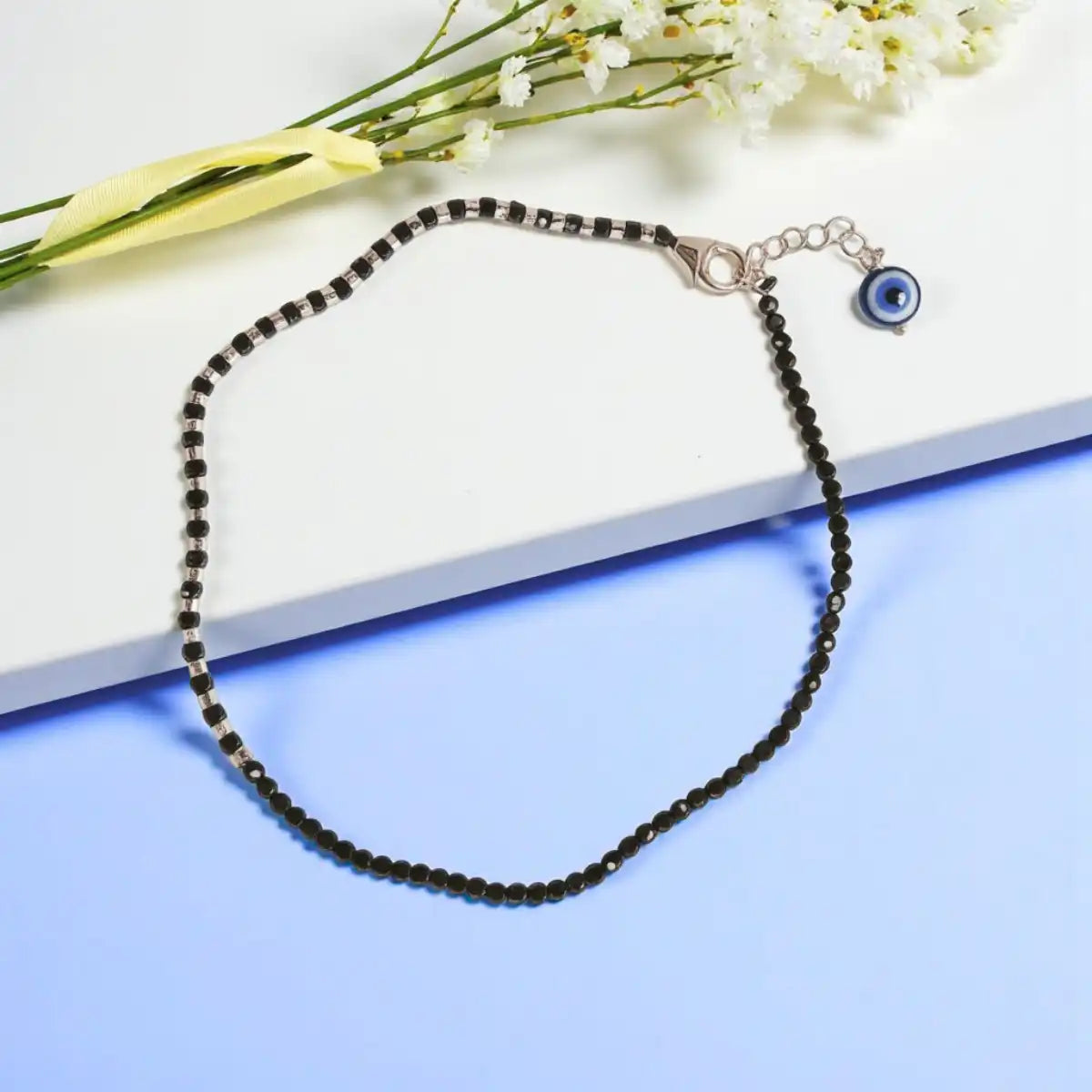 Black Beaded Adjustable Silver Anklet with Evil Eye
