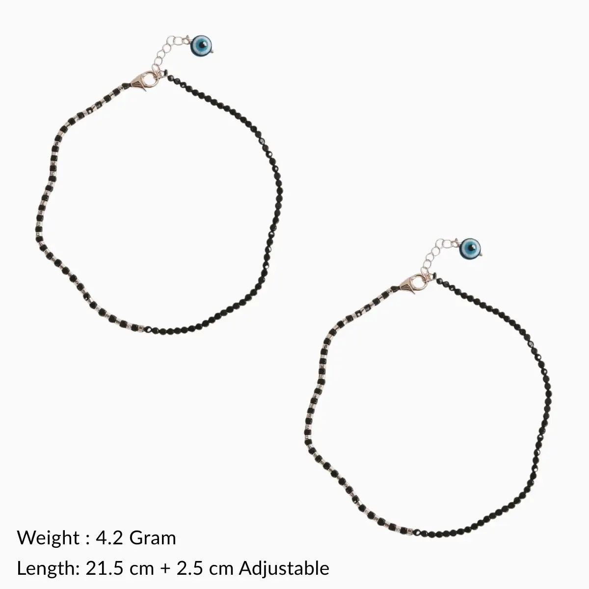 Black Beaded Adjustable Silver Anklet with Evil Eye