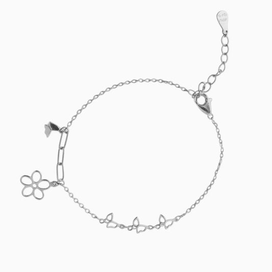 Silver Flower & Butterfly Charm Minimalist Bracelet