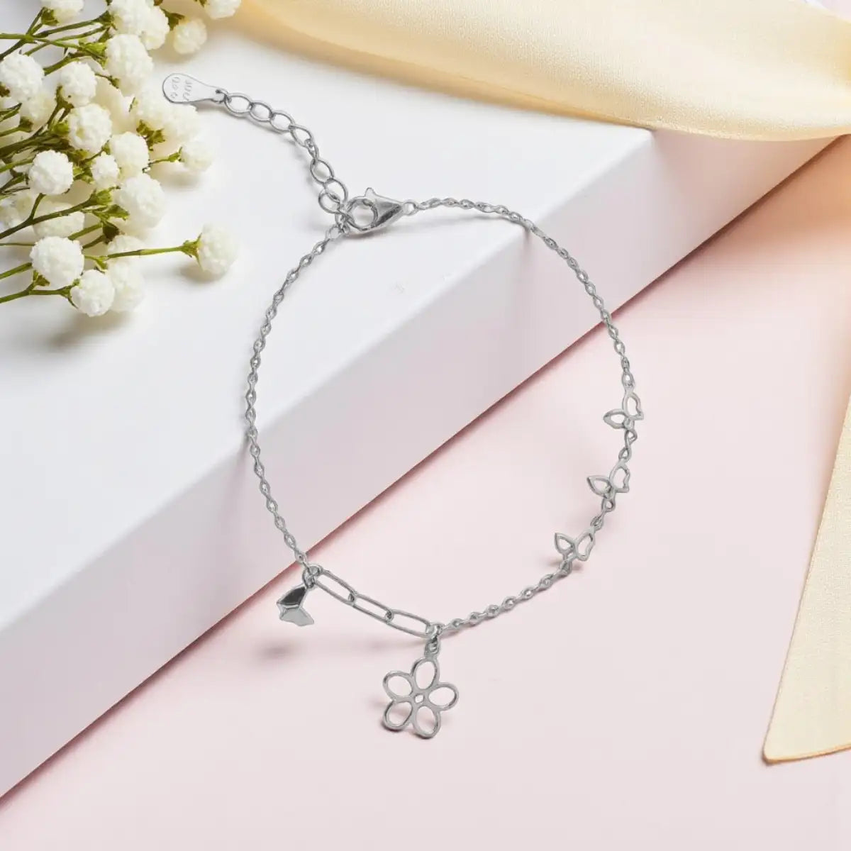 Silver Flower & Butterfly Charm Minimalist Bracelet