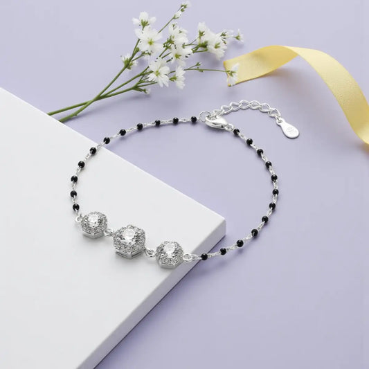 Silver Hexagon Diamond Black Beads Adjustable Bracelet