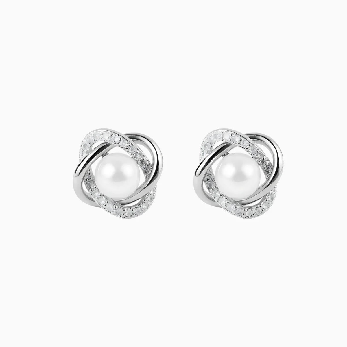 925 Sterling Silver Cubic Zirconia Pearl Swirl Stud Earrings – White Stone – Unbranded