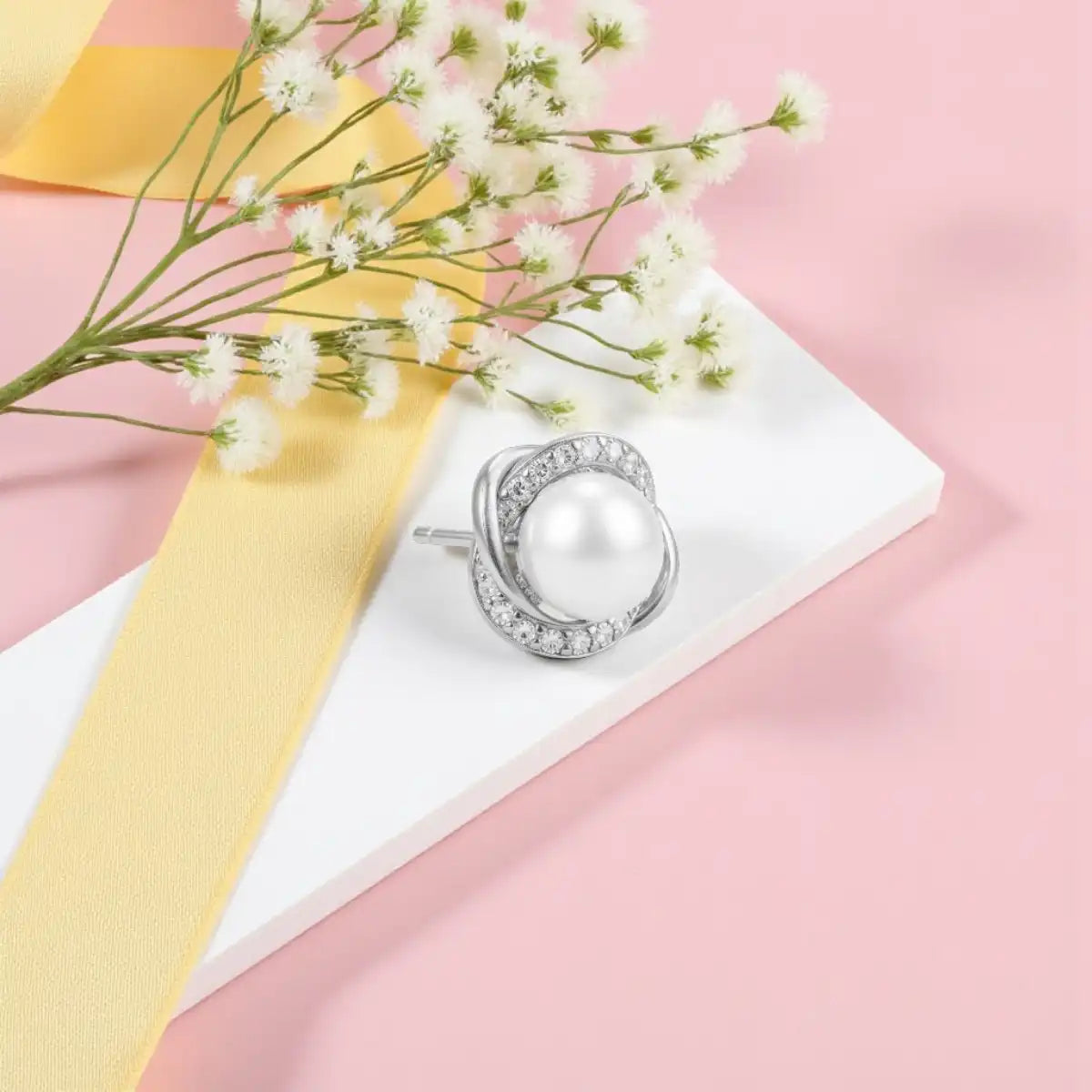 Silver Diamond & Pearl Stud Earrings for Women