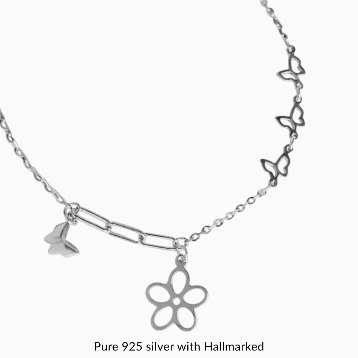 Silver Flower & Butterfly Charm Minimalist Bracelet