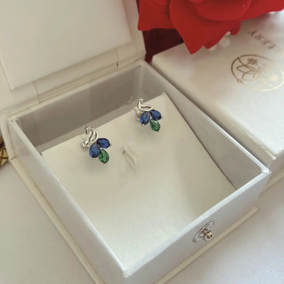 Silver Peacock Inspired Sapphire & Emerald Earrings