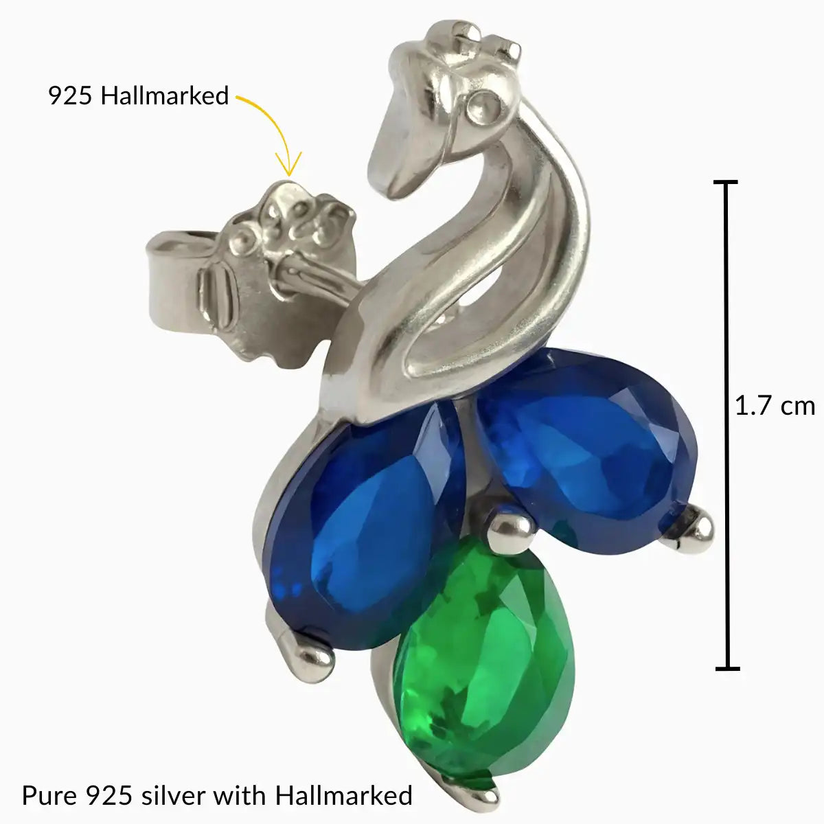 Silver Peacock Inspired Sapphire & Emerald Earrings