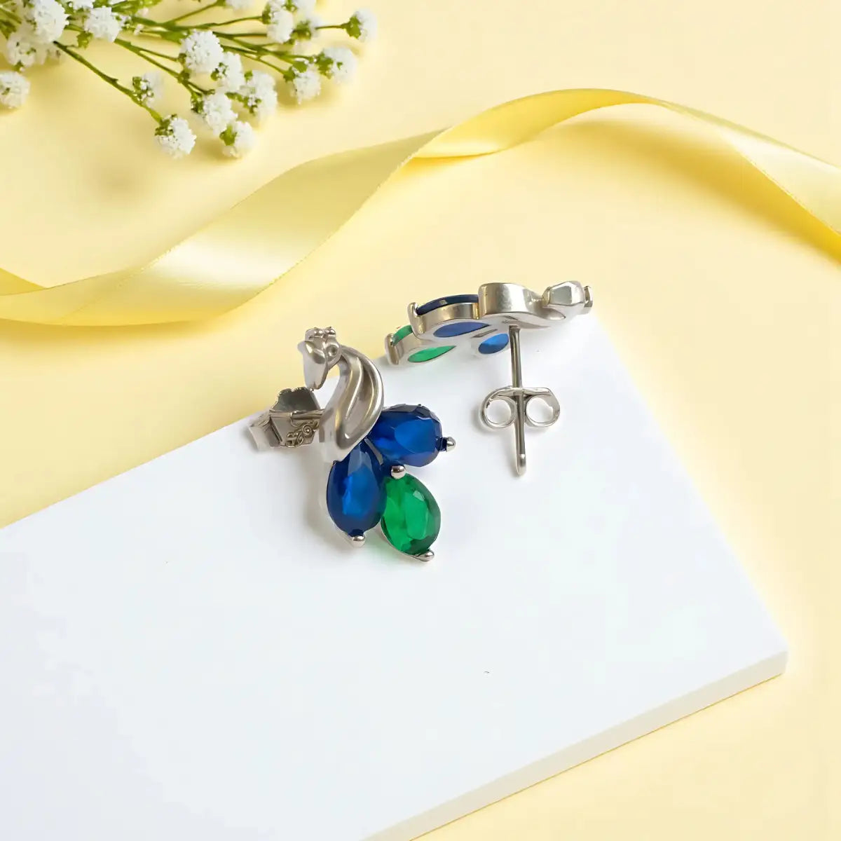 Silver Peacock Inspired Sapphire & Emerald Earrings