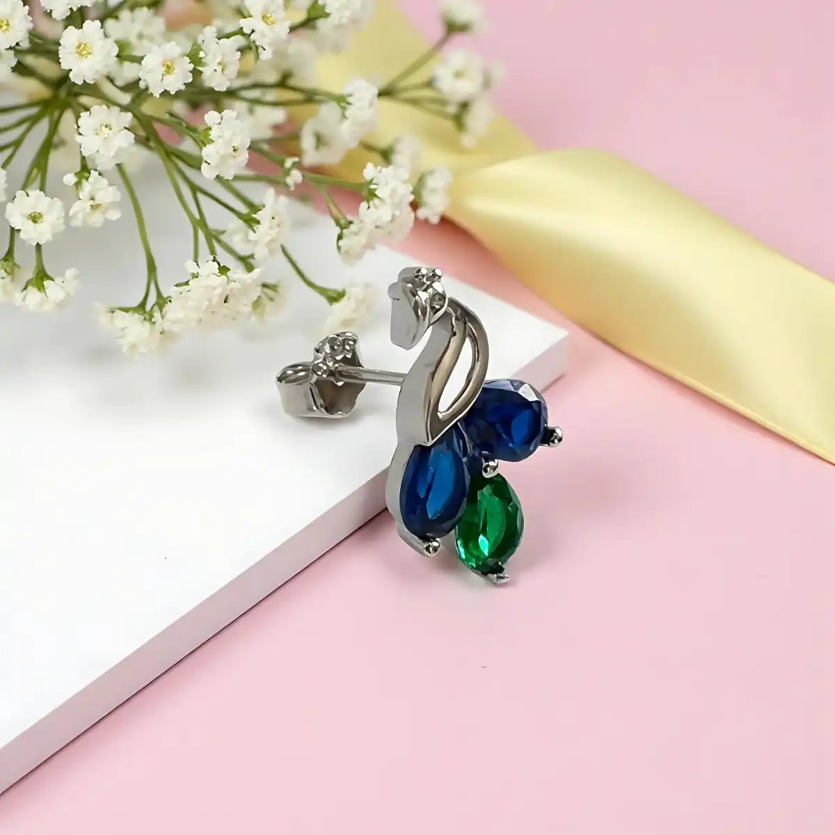 Silver Peacock Inspired Sapphire & Emerald Earrings