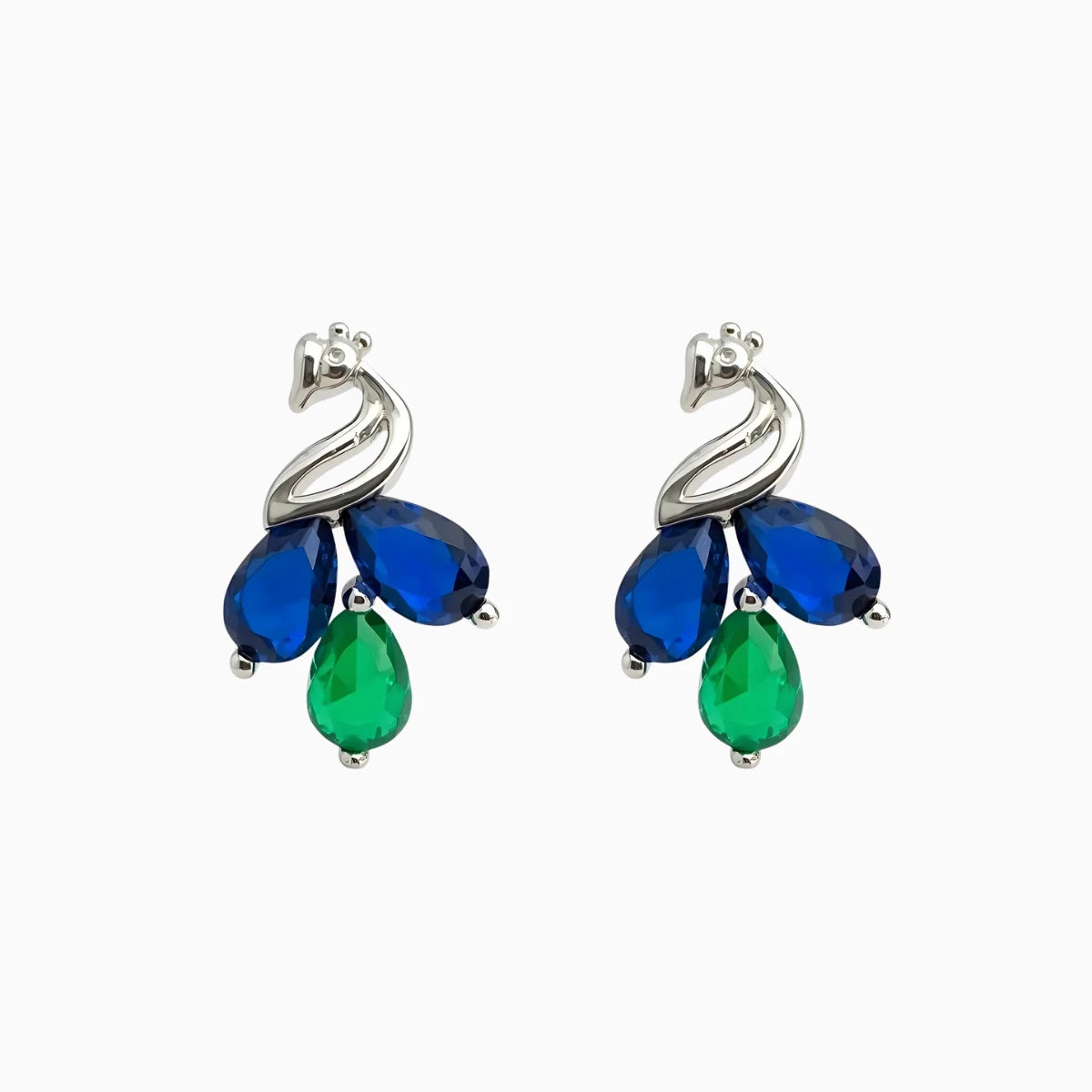 Silver Peacock Inspired Sapphire & Emerald Earrings
