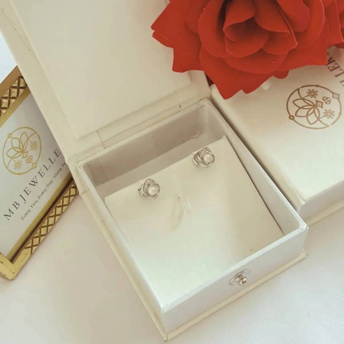 Silver Diamond & Pearl Stud Earrings for Women