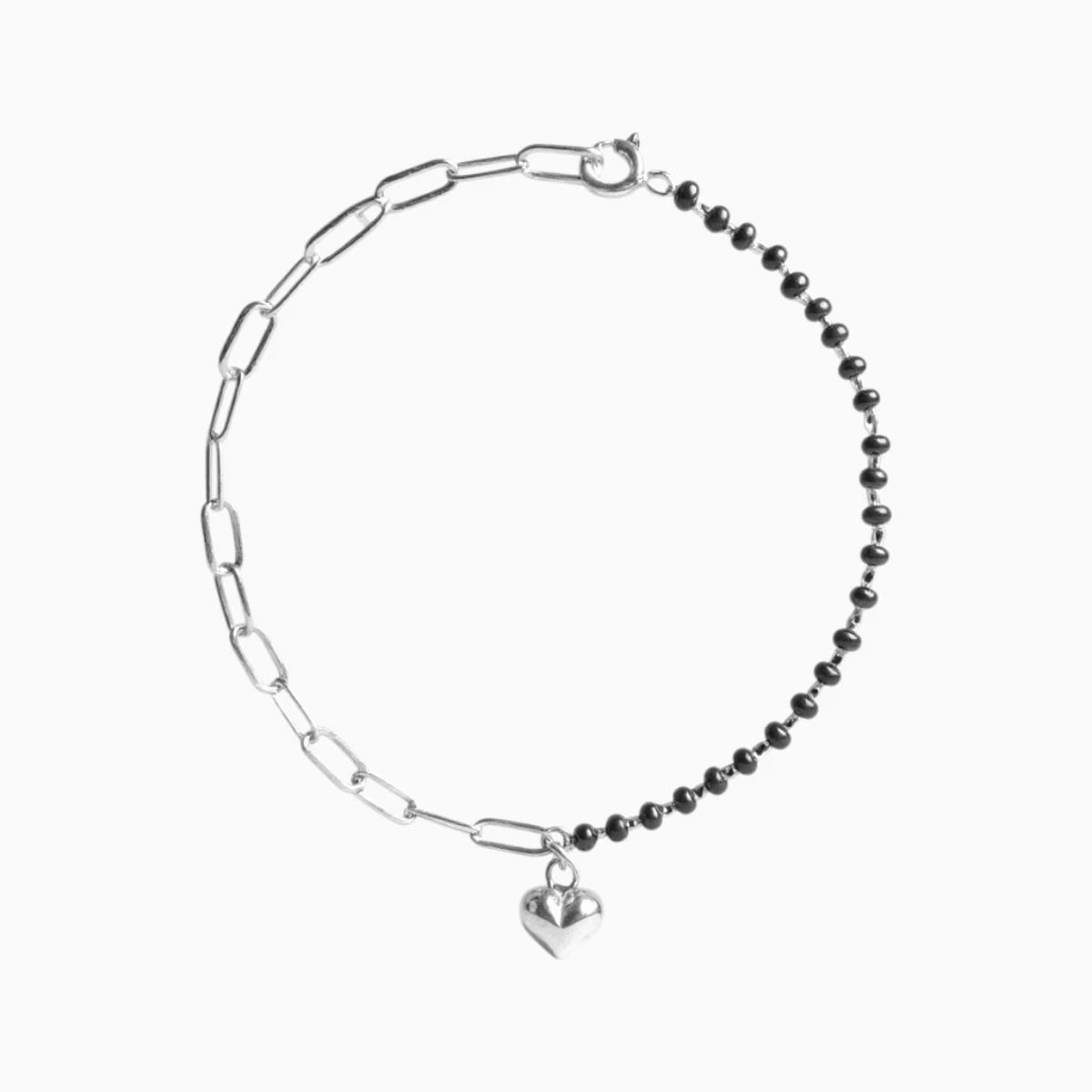 Silver Heart Charm Links Bracelet with Black Beads