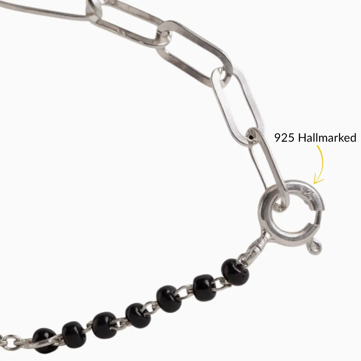 Silver Heart Charm Links Bracelet with Black Beads