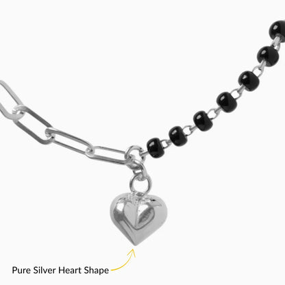 Silver Heart Charm Links Bracelet with Black Beads