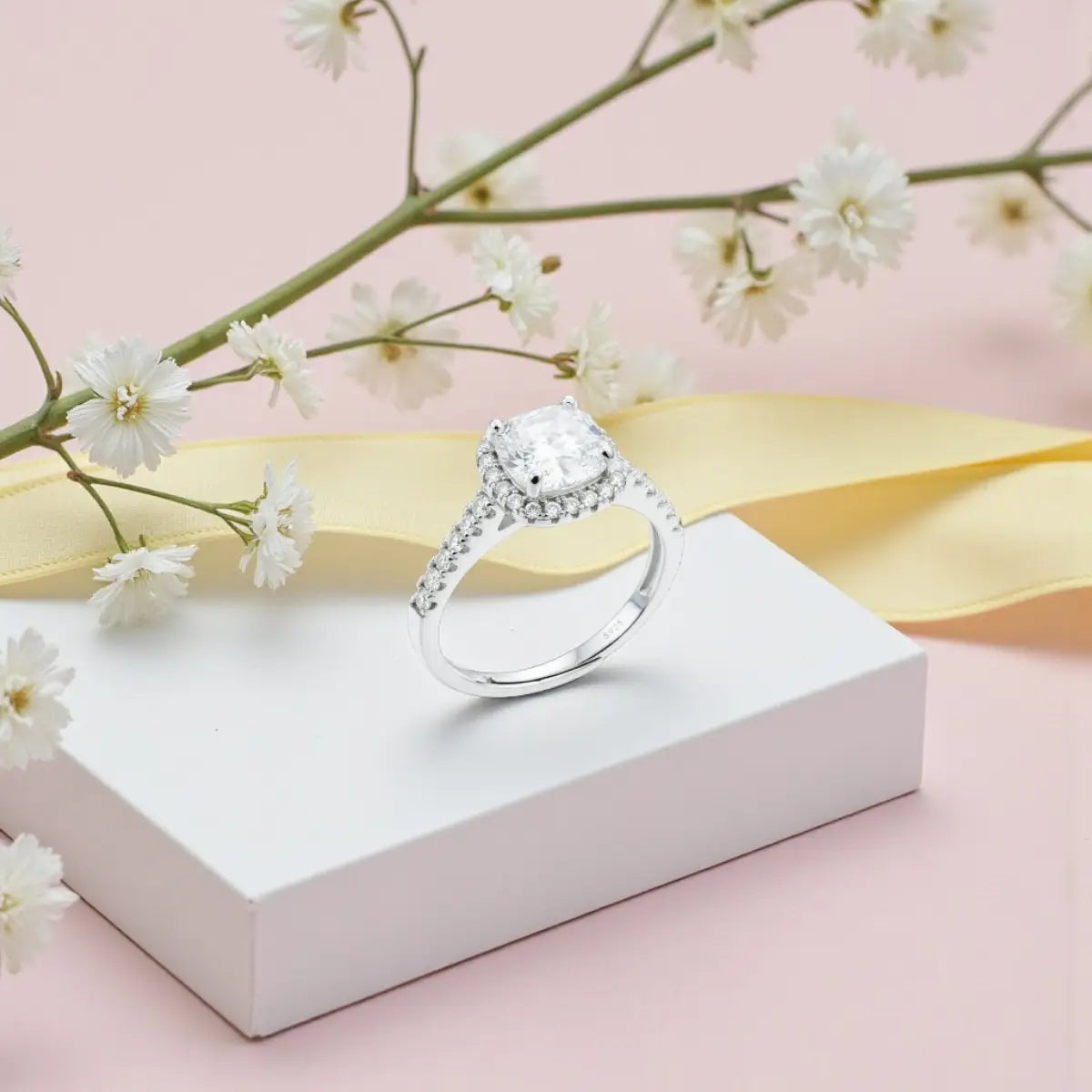 Cushion Cut Adjustable Silver Diamond Ring