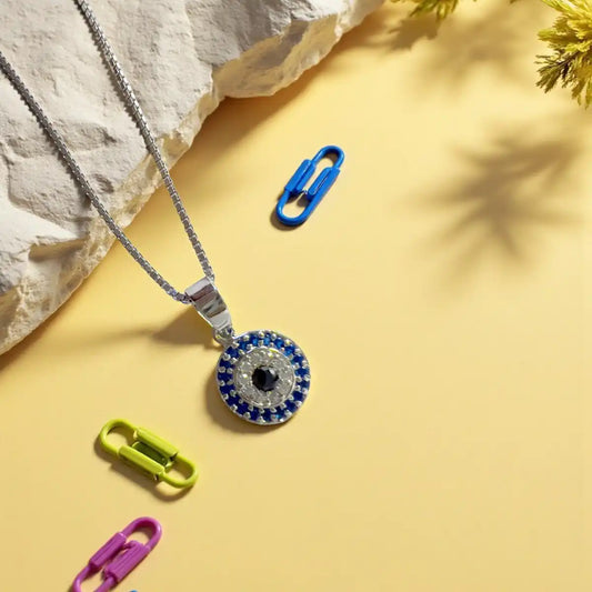Silver Evil Eye Pendant Necklace with Box Chain