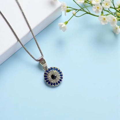 Silver Evil Eye Pendant Necklace with Box Chain