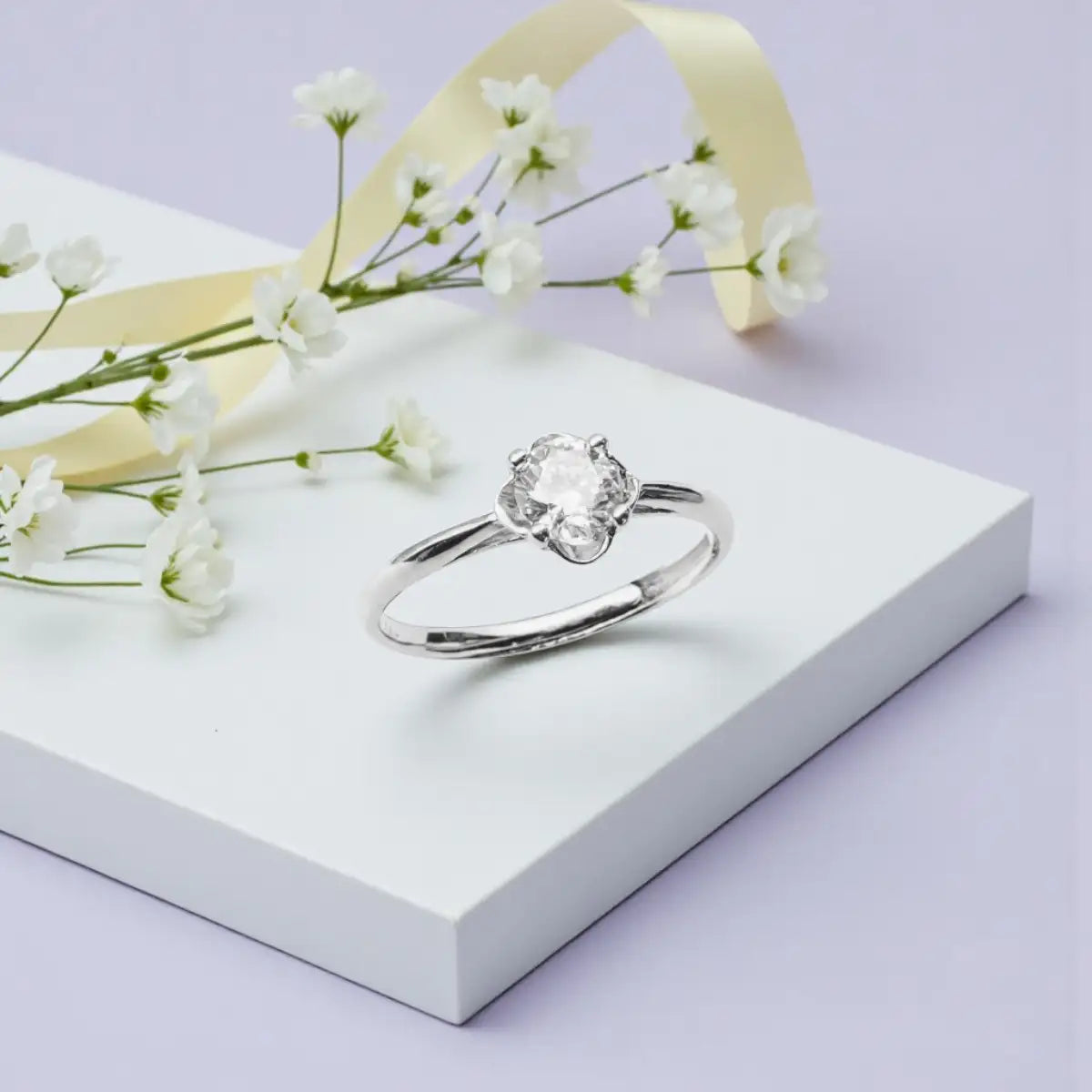Flower Solitaire Silver Adjustable Ring