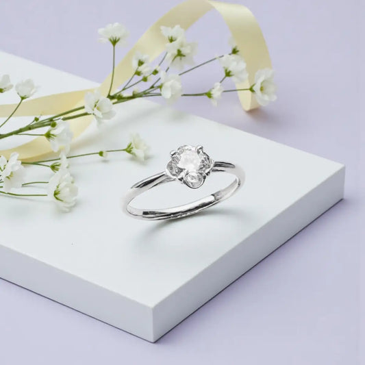 Flower Solitaire Silver Adjustable Ring