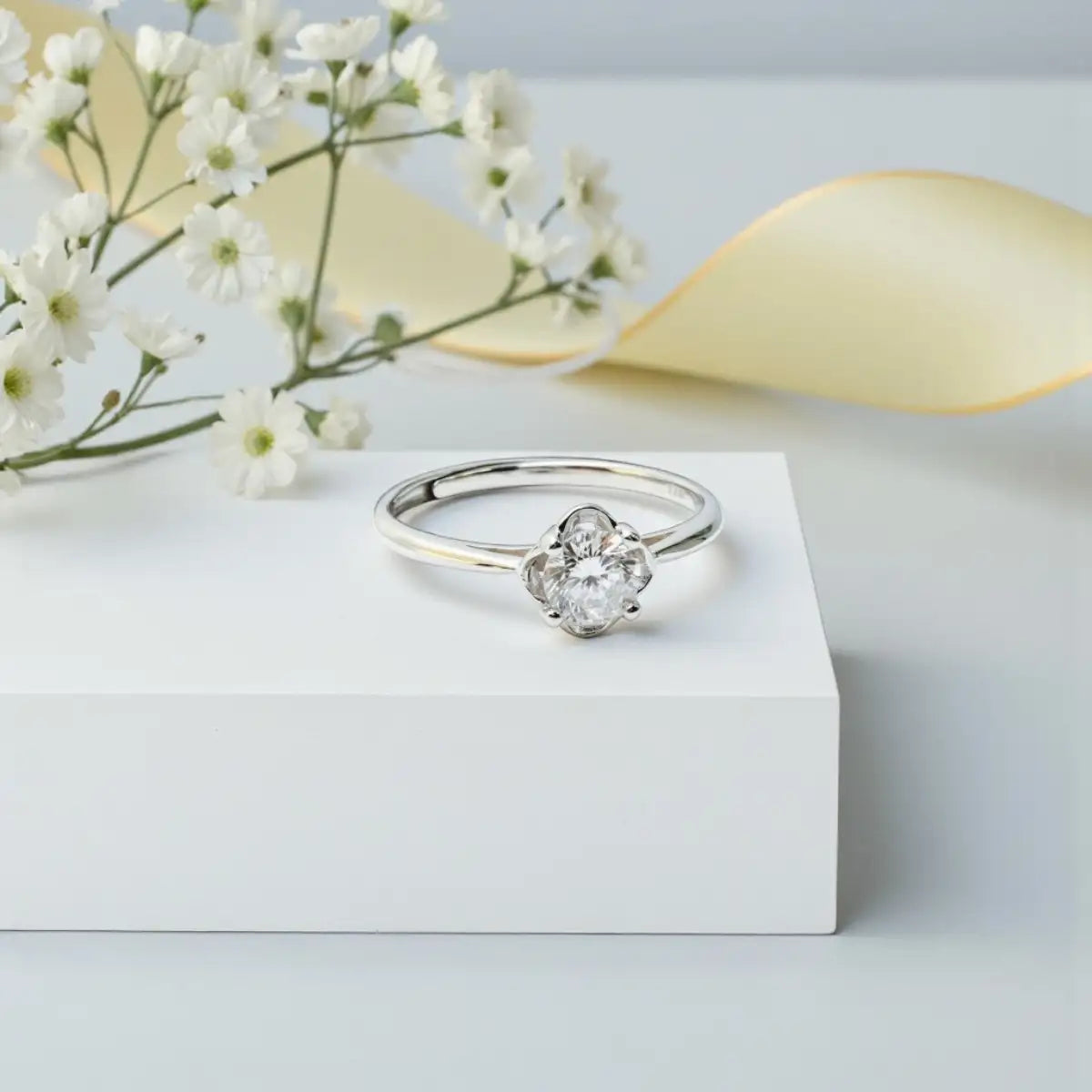 Flower Solitaire Silver Adjustable Ring