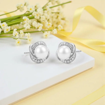 Silver Diamond & Pearl Stud Earrings for Women