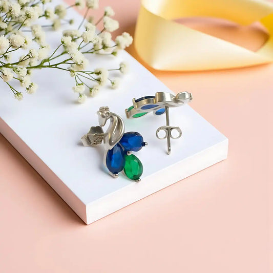 Silver Peacock Inspired Sapphire & Emerald Earrings