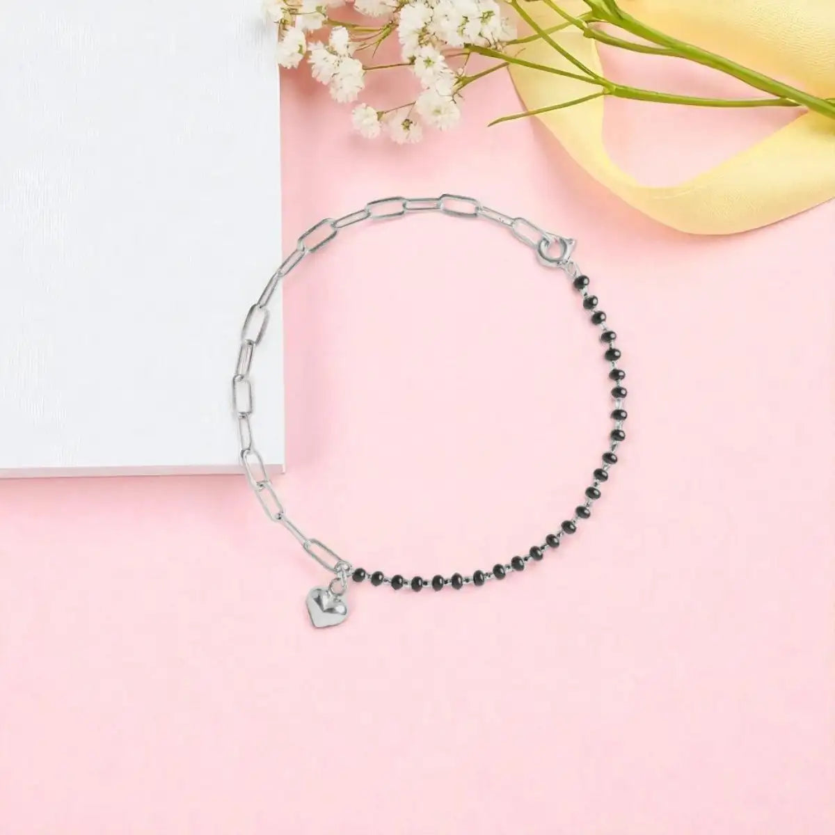 Silver Heart Charm Links Bracelet with Black Beads