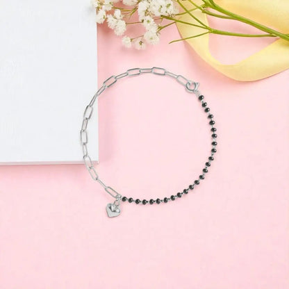 Silver Heart Charm Links Bracelet with Black Beads