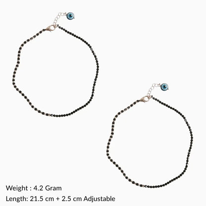 Black Beaded Adjustable Silver Anklet with Evil Eye
