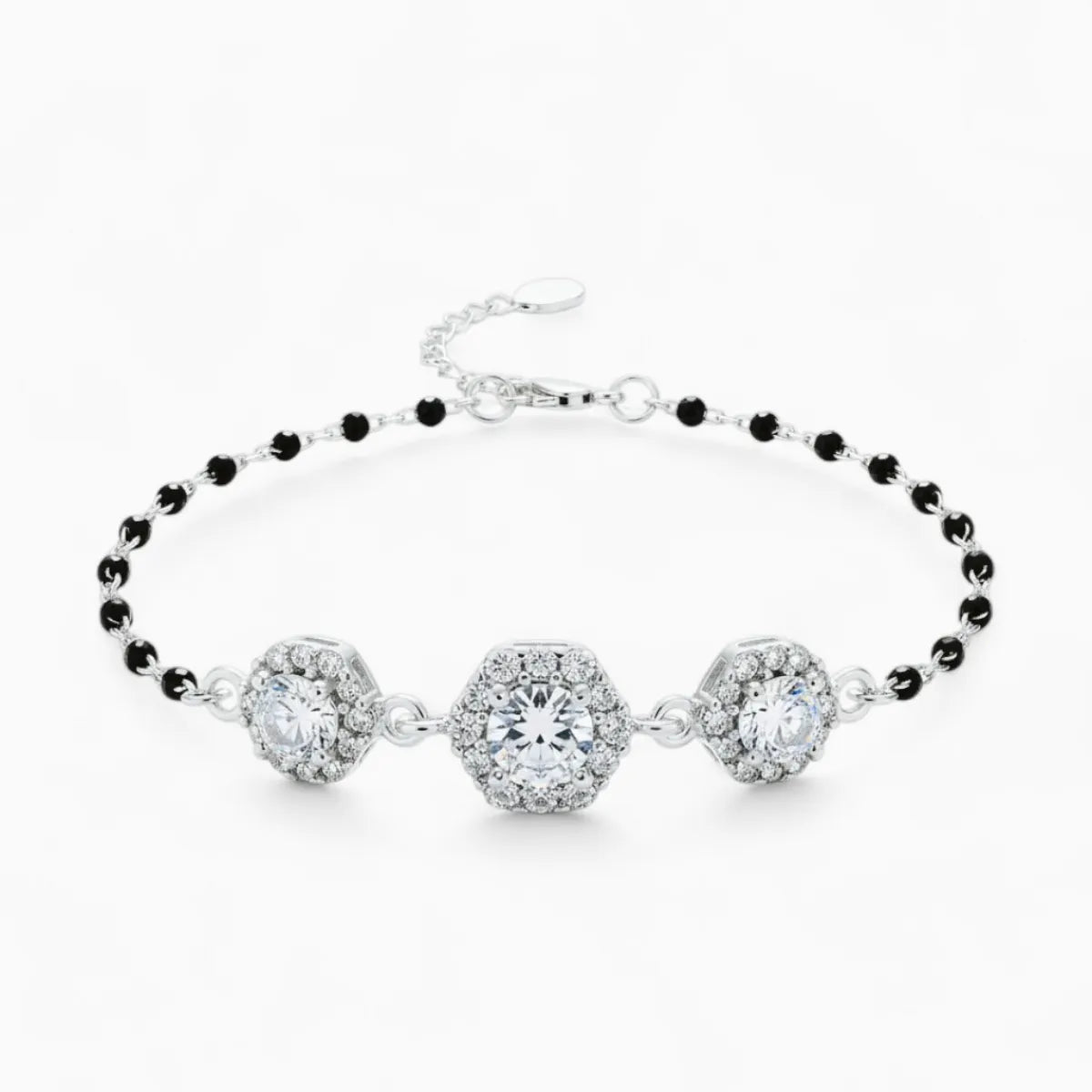 Silver Hexagon Diamond Black Beads Adjustable Bracelet