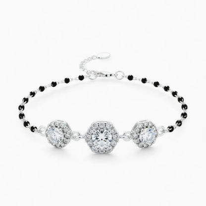 Silver Hexagon Diamond Black Beads Adjustable Bracelet