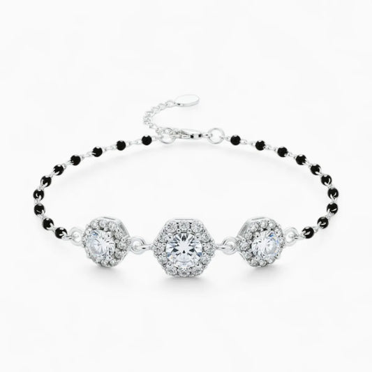 Silver Hexagon Diamond Black Beads Adjustable Bracelet