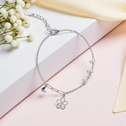 Silver Flower & Butterfly Charm Minimalist Bracelet