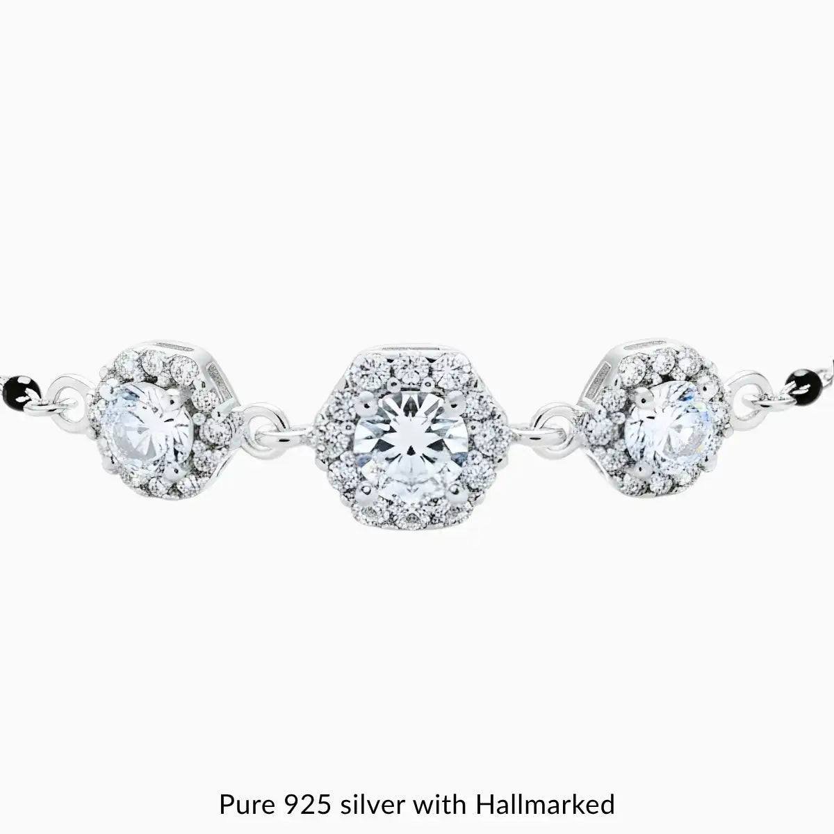 Silver Hexagon Diamond Black Beads Adjustable Bracelet