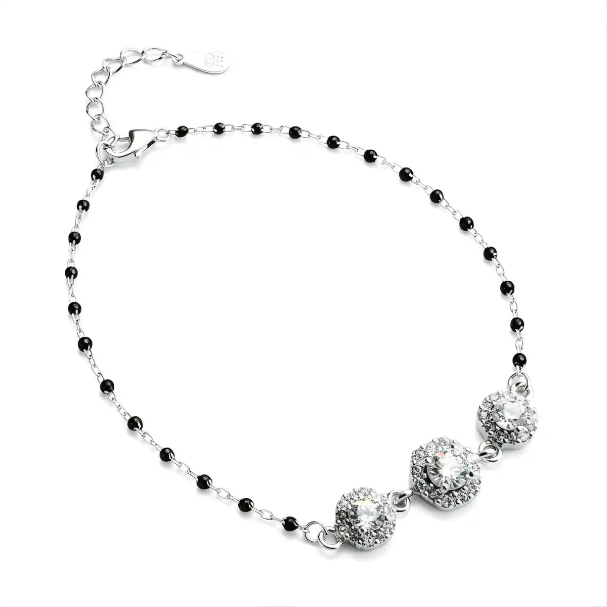 Silver Hexagon Diamond Black Beads Adjustable Bracelet